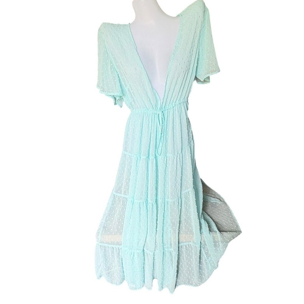 Torrid Mint Chiffon Clip Dot Maxi Dress Deep V Flutter Sleeve 2X Fairycore Aqua